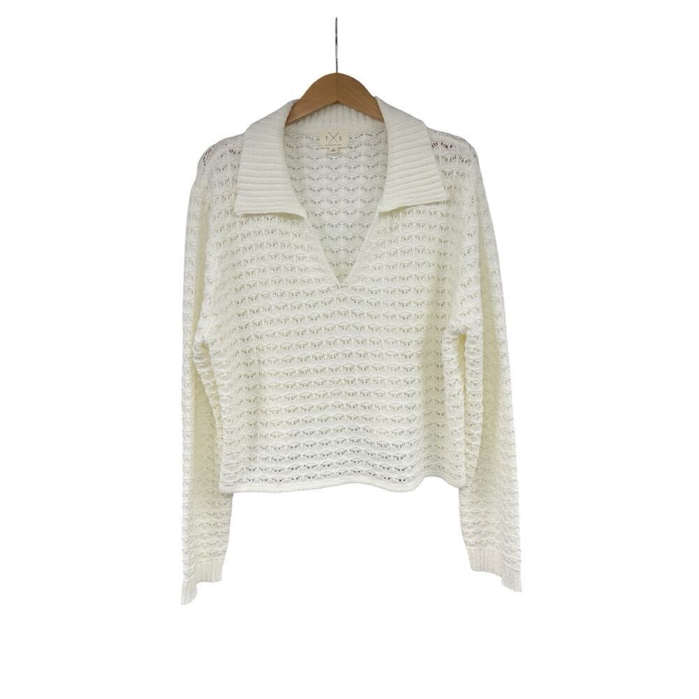 Thread And Supply Cropped Skimmer Collared White Open Knit Sweater Womens XL